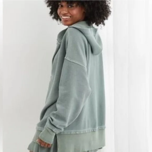 Aerie Oh Snap! Ribbed Henley Hoodie XXL Green Mineral Wash Oversized - Picture 11 of 11
